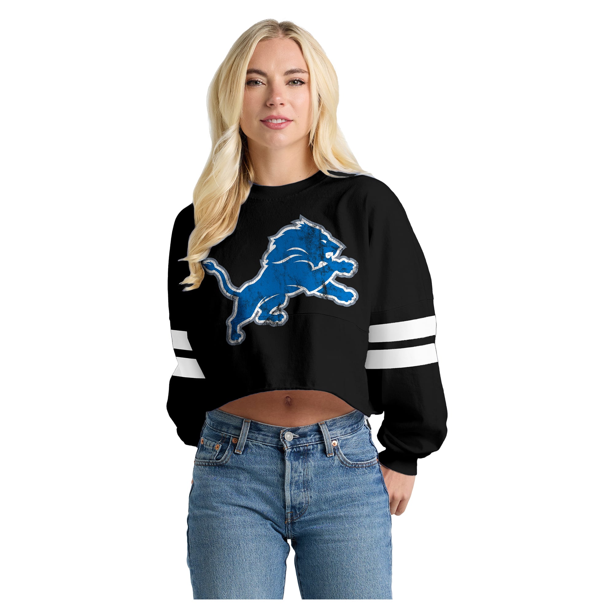 Women's Spirit Jersey  Black Detroit Lions Oversized Cropped Stripe Long Sleeve T-Shirt