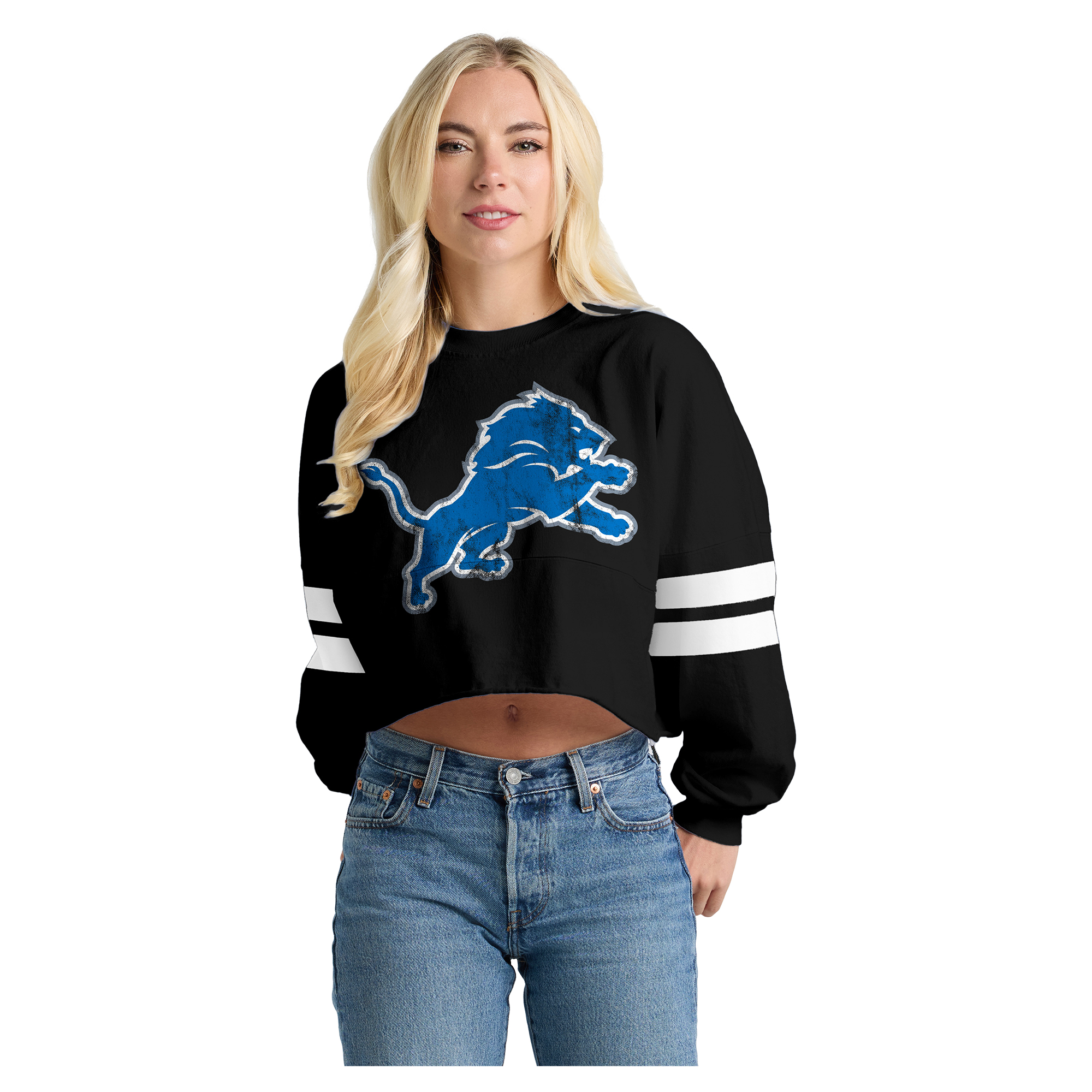 Women's Spirit Jersey Black Detroit Lions Oversized Cropped Stripe Long Sleeve T-Shirt