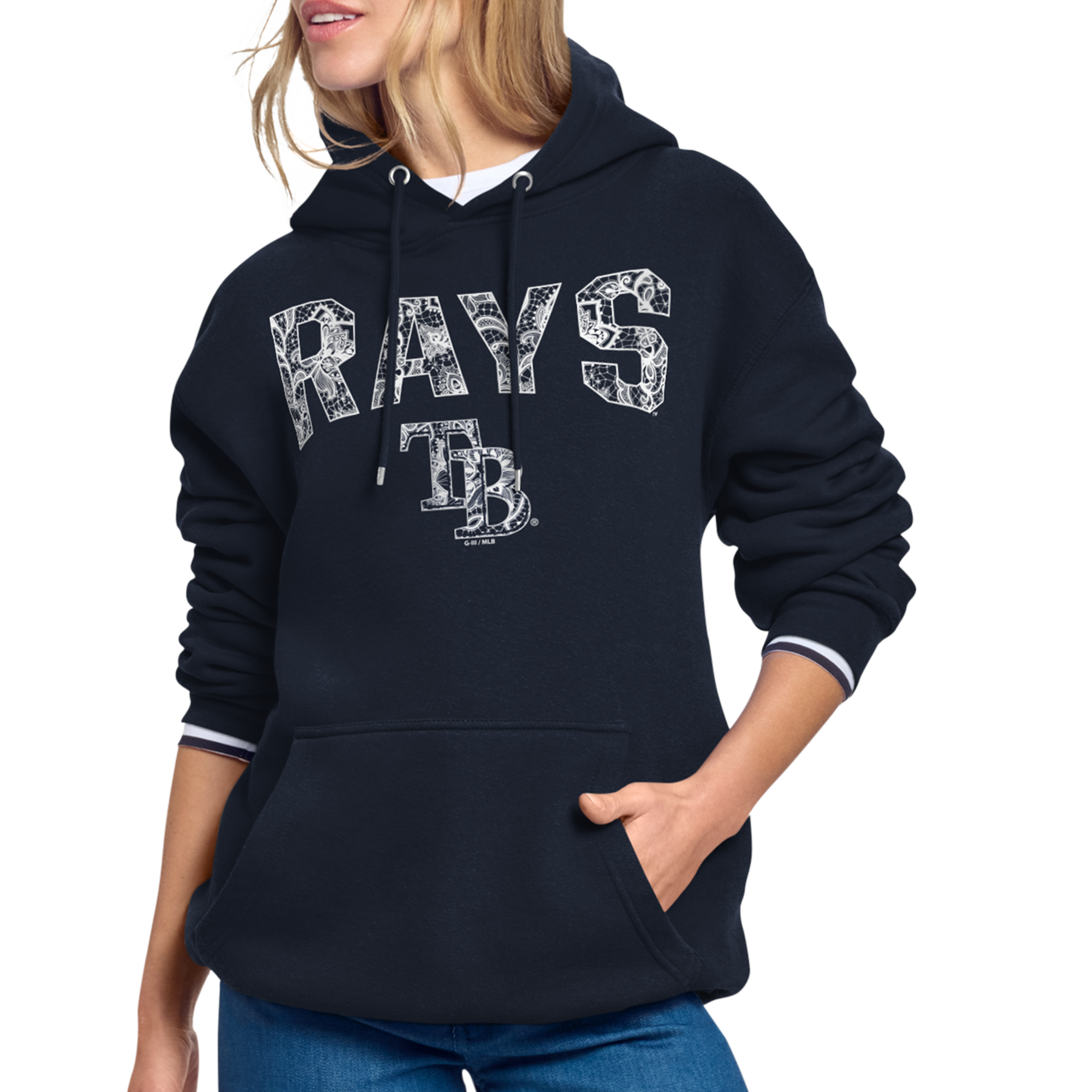 Women's Starter Navy Tampa Bay Rays Lace Team Lockup Fleece Hoodie