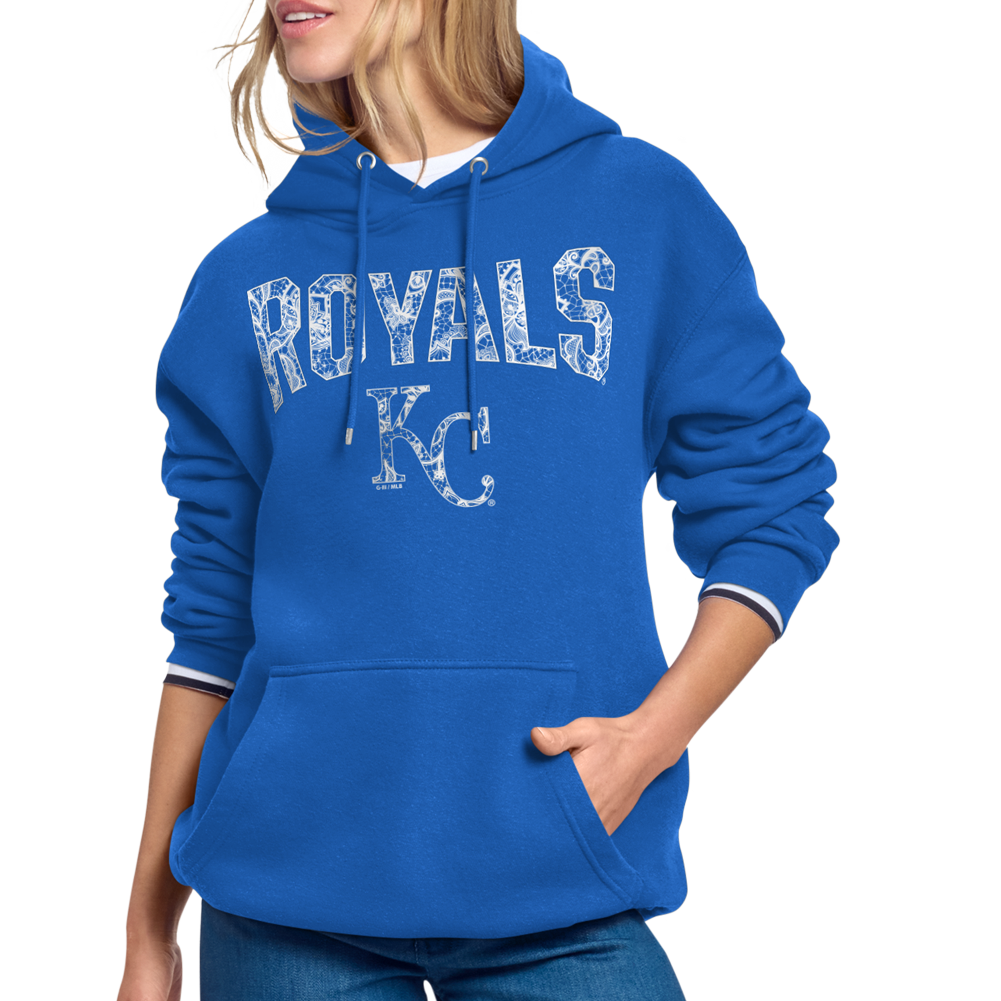 Women's Starter Royal Kansas City Royals Lace Team Lockup Fleece Hoodie