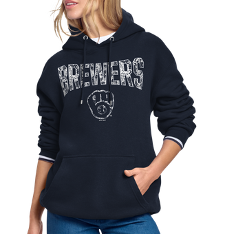 Women's Starter Navy Milwaukee Brewers Lace Team Lockup Fleece Hoodie