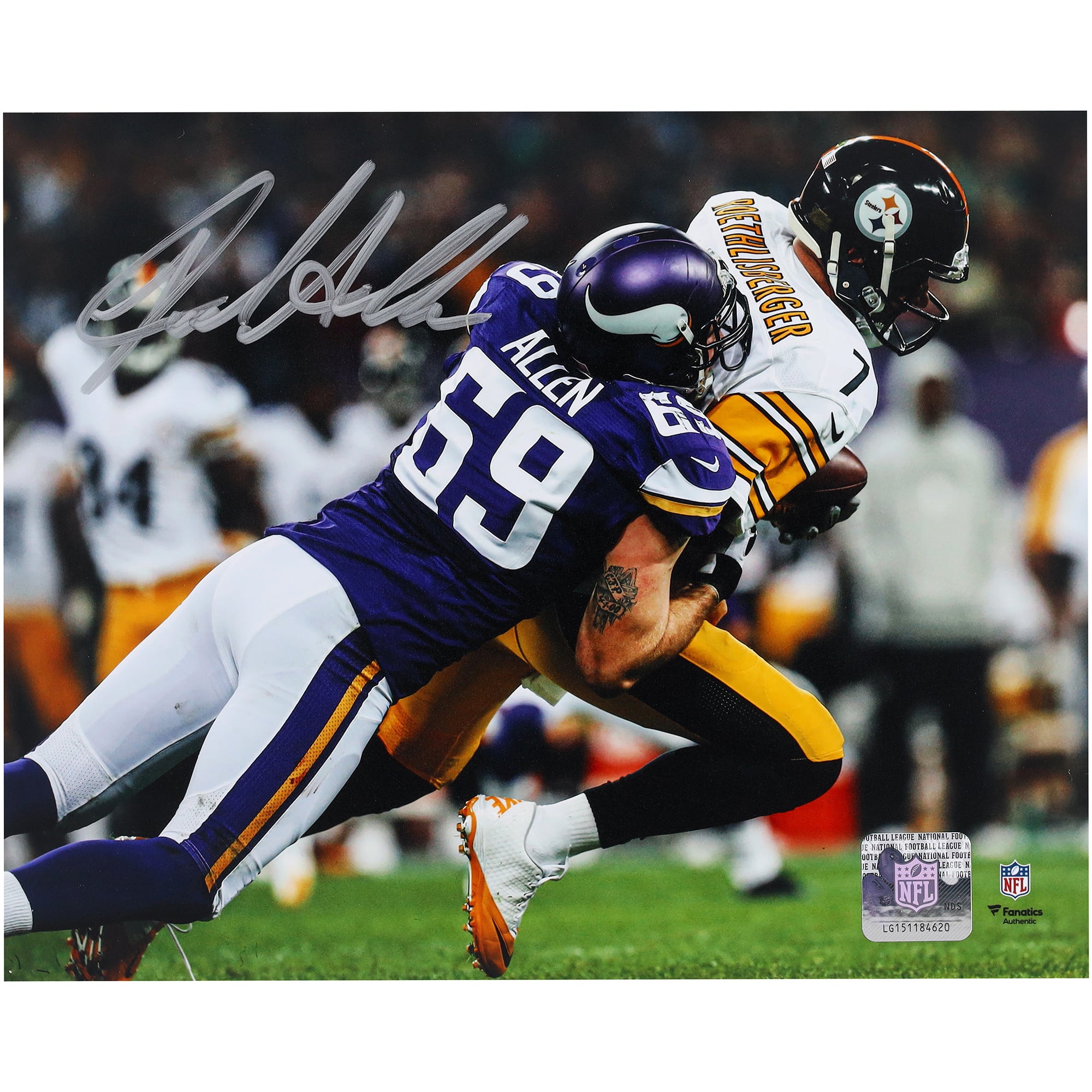 Jared Allen Minnesota Vikings Autographed 8" x 10" Sacking Ben Roethlisberger Photograph