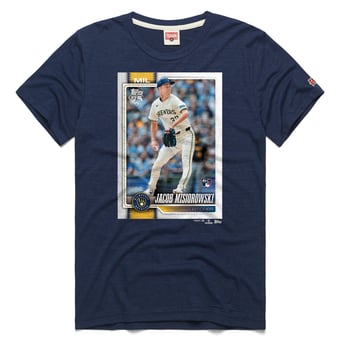 Men's Homage Jacob Misiorowski Navy Milwaukee Brewers Topps Baseball Card Tri-Blend T-Shirt