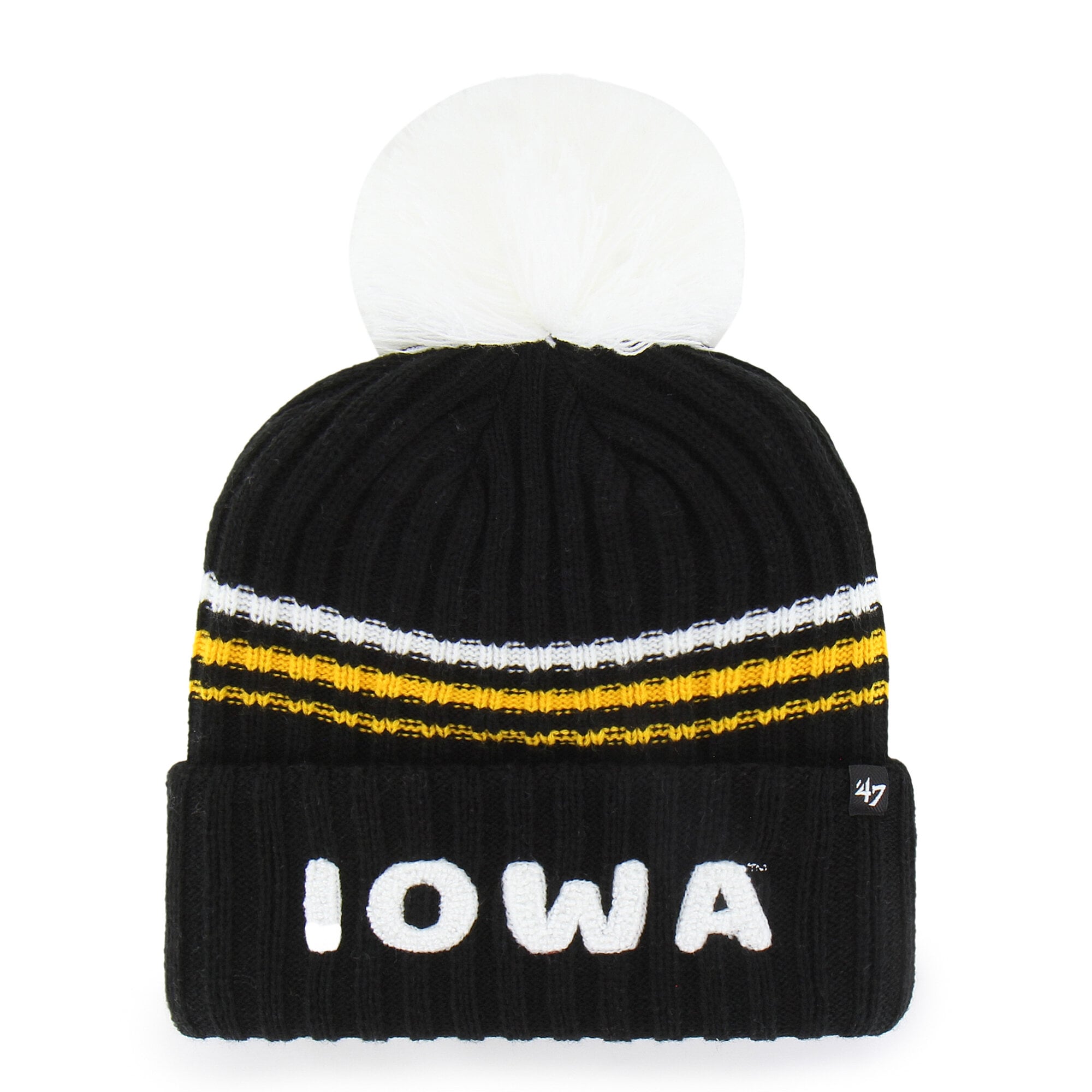 Women's '47  Black Iowa Hawkeyes Seasonal Fuzzy Script Big Pom Knit Hat
