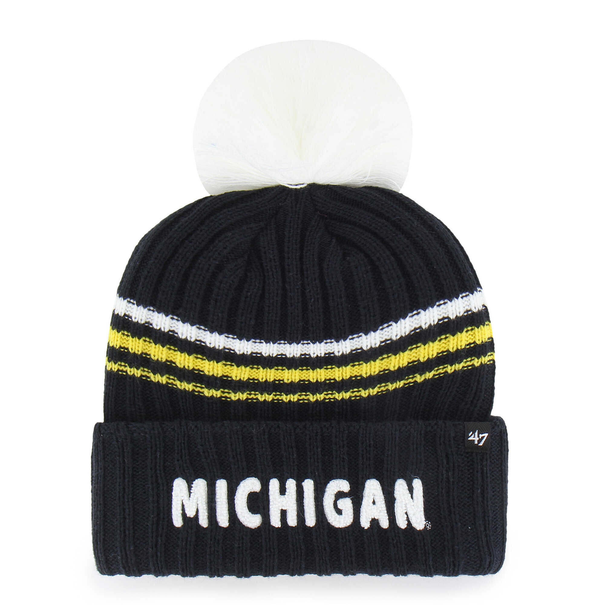 Women's '47  Navy Michigan Wolverines Seasonal Fuzzy Script Big Pom Knit Hat