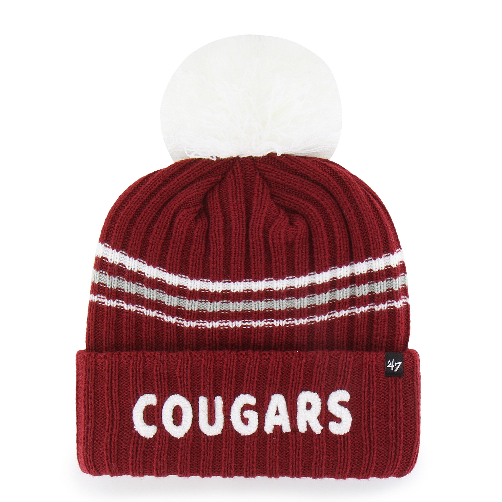 Women's '47  Crimson Washington State Cougars Seasonal Fuzzy Script Big Pom Knit Hat