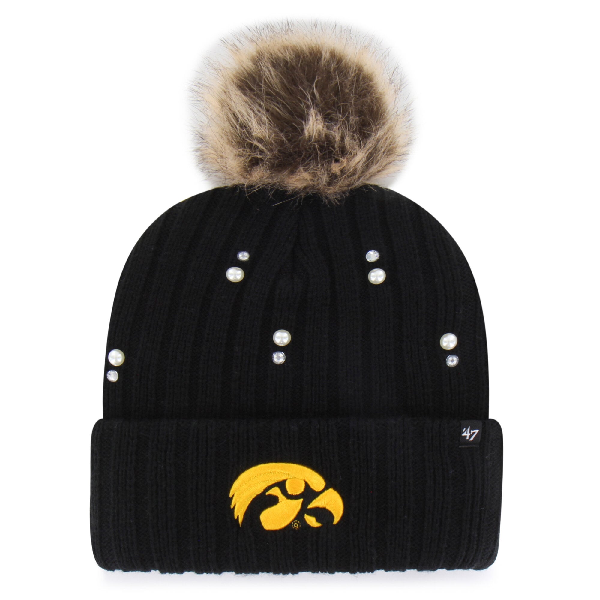 Women's '47 Black Iowa Hawkeyes Pearl Fur Knit Hat with Pom