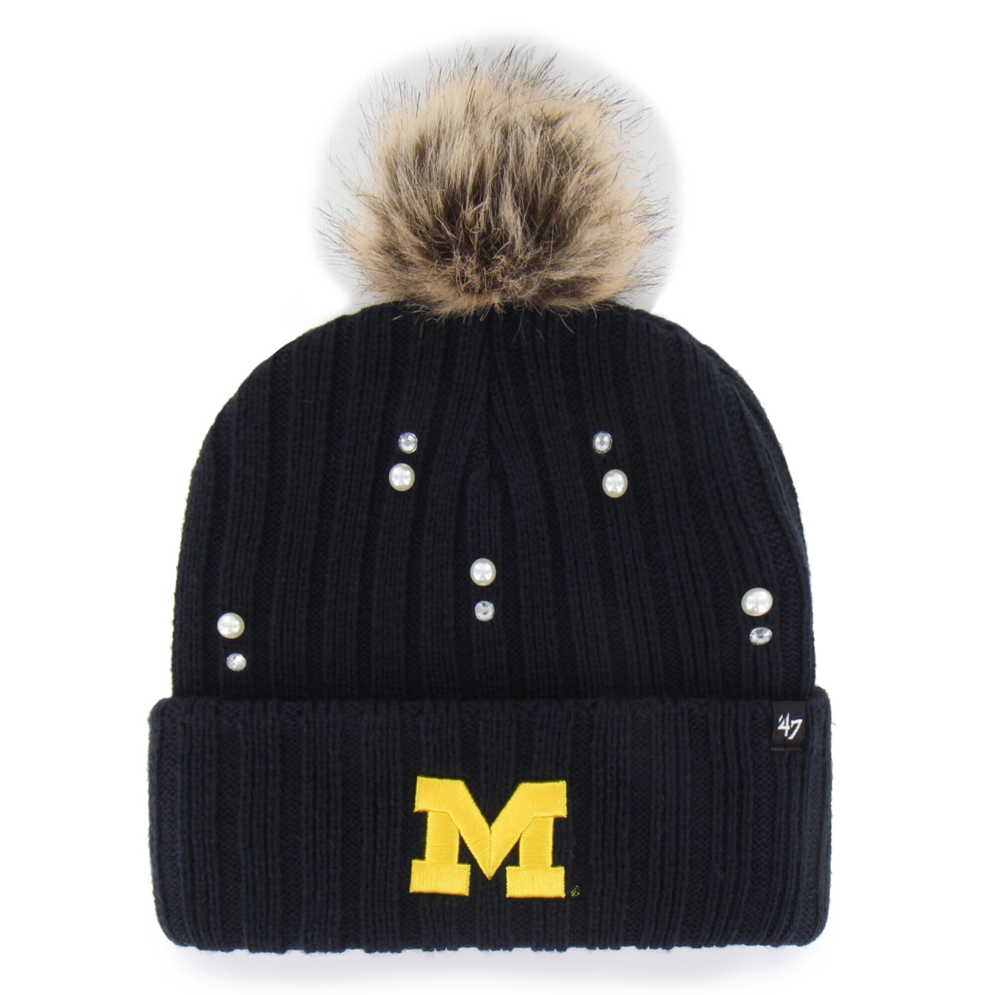 Women's '47 Navy Michigan Wolverines Pearl Fur Knit Hat with Pom