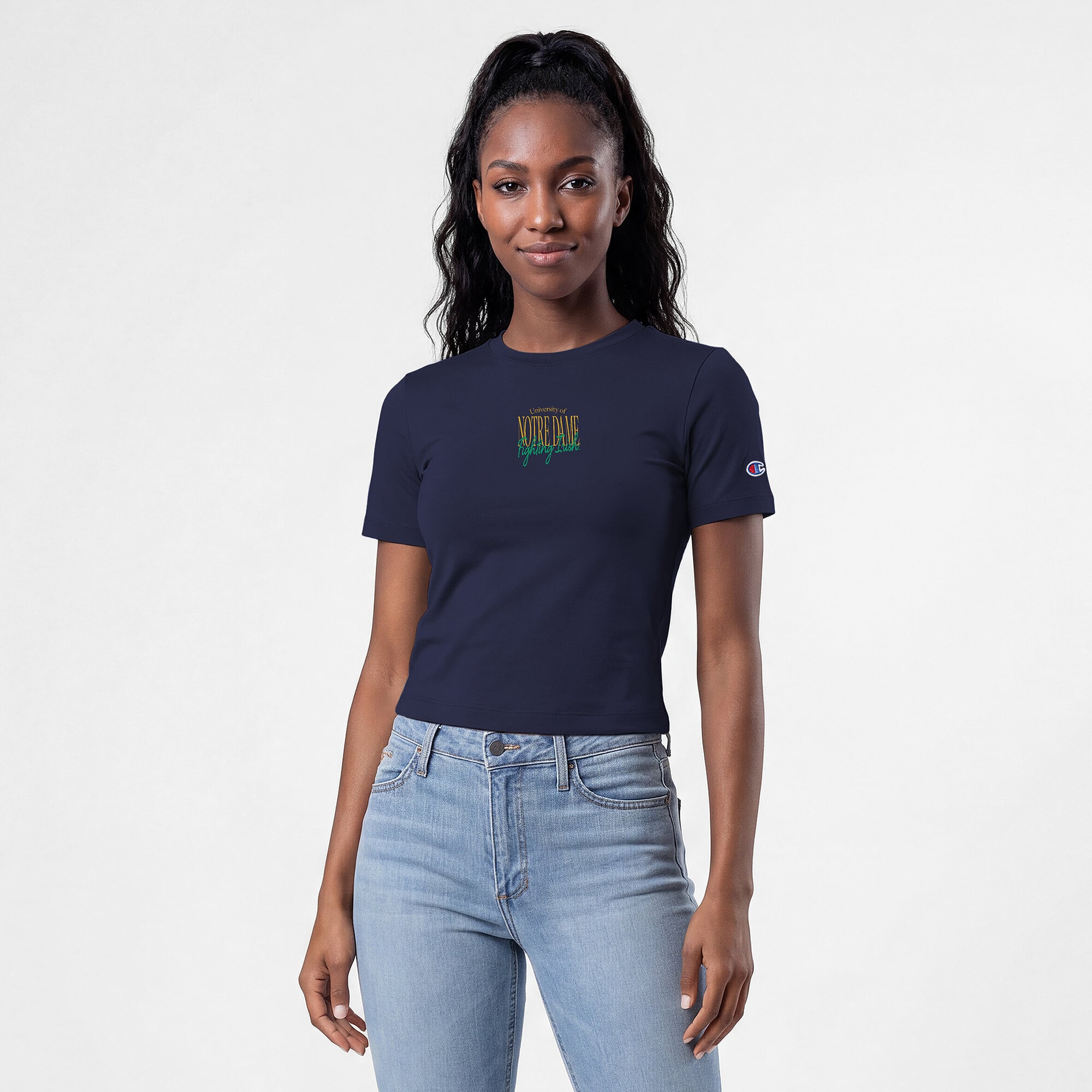 Women's Champion  Navy Notre Dame Fighting Irish Athletic Soft-Touch Fitted T-Shirt