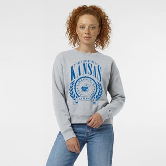Women's Champion  Heather Gray Kansas Jayhawks Academic Crest Powerblend Crewneck Sweatshirt