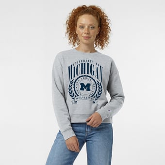Women's Champion  Heather Gray Michigan Wolverines Academic Crest Powerblend Crewneck Sweatshirt