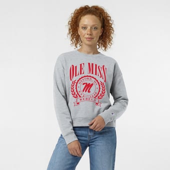 Women's Champion  Heather Gray Ole Miss Rebels Academic Crest Powerblend Crewneck Sweatshirt