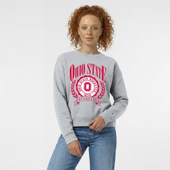 Women's Champion  Heather Gray Ohio State Buckeyes Academic Crest Powerblend Crewneck Sweatshirt