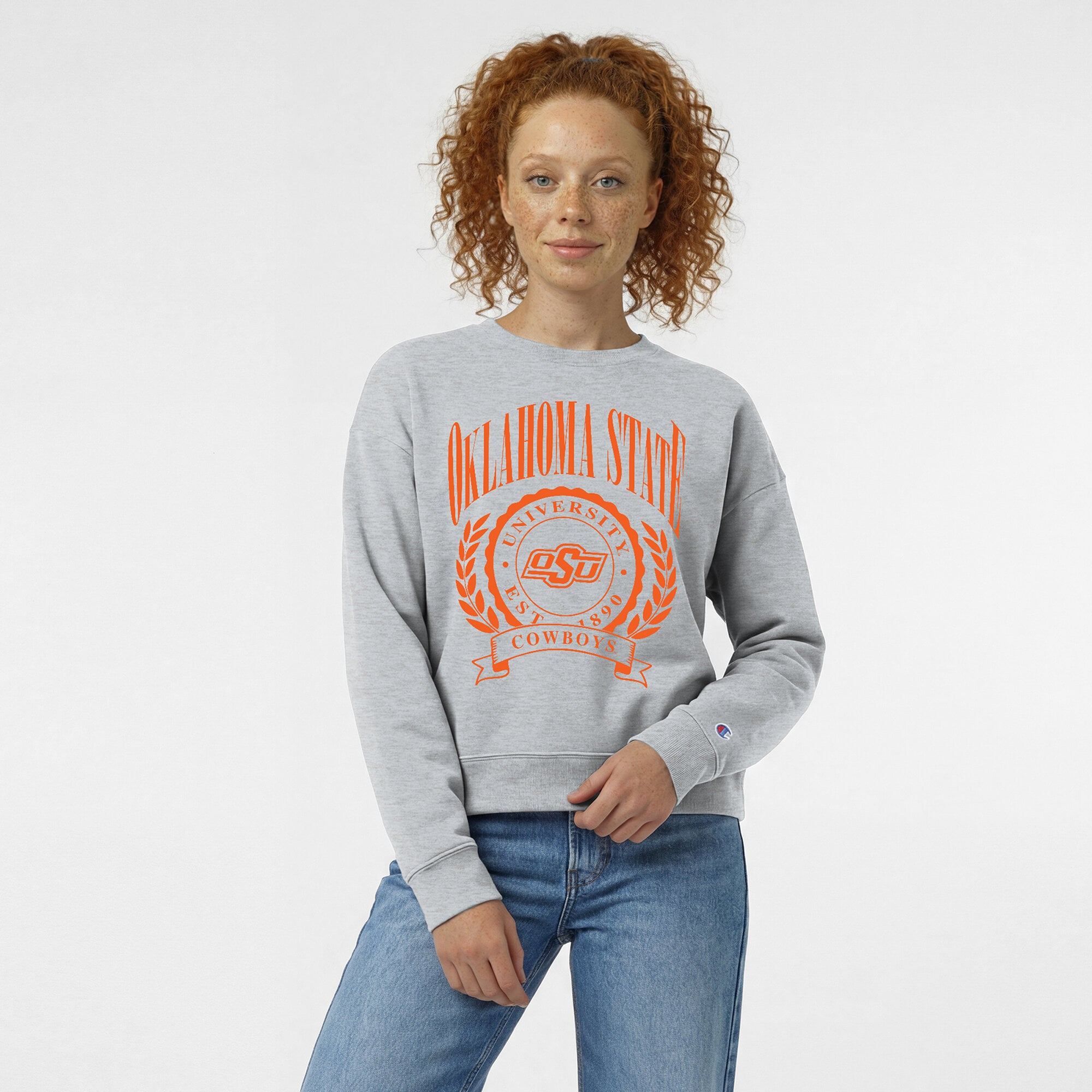 Women's Champion  Heather Gray Oklahoma State Cowboys Academic Crest Powerblend Crewneck Sweatshirt