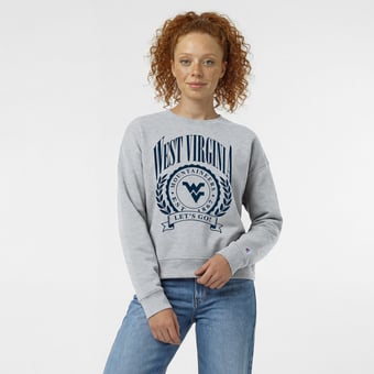 Women's Champion  Heather Gray West Virginia Mountaineers Academic Crest Powerblend Crewneck Sweatshirt