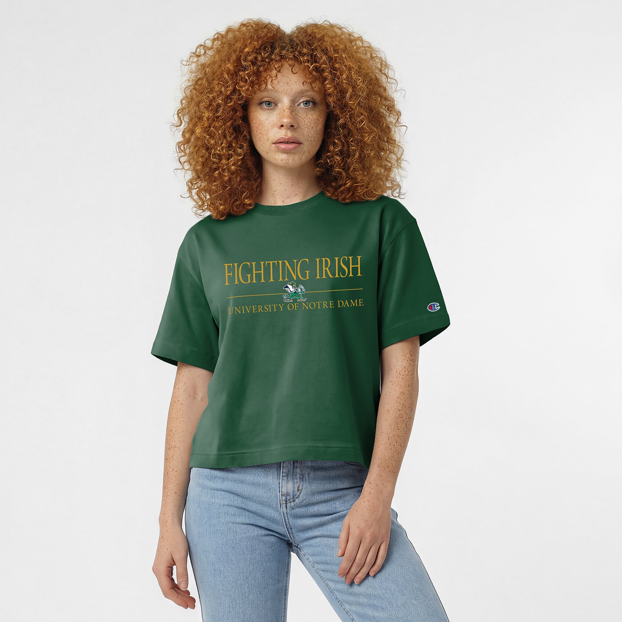Women's Champion  Green Notre Dame Fighting Irish Waist Length Wordmark T-Shirt