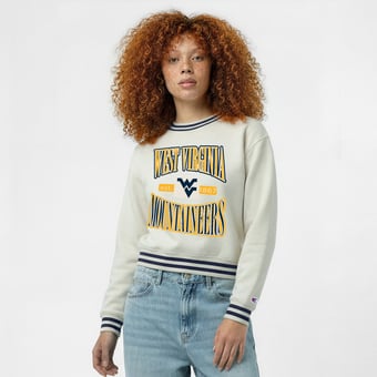 Women's Champion  White West Virginia Mountaineers Yarn Dye Rib Reverse Weave Crew Sweatshirt