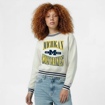 Women's Champion  White Michigan Wolverines Yarn Dye Rib Reverse Weave Crew Sweatshirt