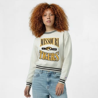 Women's Champion  White Missouri Tigers Yarn Dye Rib Reverse Weave Crew Sweatshirt