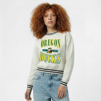 Women's Champion  White Oregon Ducks Yarn Dye Rib Reverse Weave Crew Sweatshirt