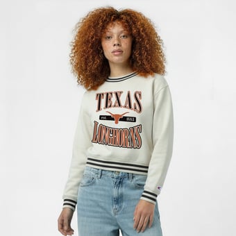 Women's Champion  White Texas Longhorns Yarn Dye Rib Reverse Weave Crew Sweatshirt