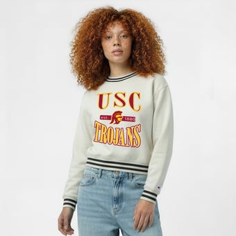 Women's Champion  White USC Trojans Yarn Dye Rib Reverse Weave Crew Sweatshirt