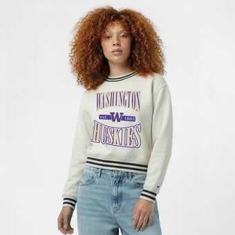 Women's Champion  White Washington Huskies Yarn Dye Rib Reverse Weave Crew Sweatshirt