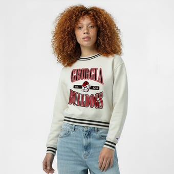 Women's Champion  White Georgia Bulldogs Yarn Dye Rib Reverse Weave Crew Sweatshirt