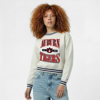 Women's Champion  White Auburn Tigers Yarn Dye Rib Reverse Weave Crew Sweatshirt