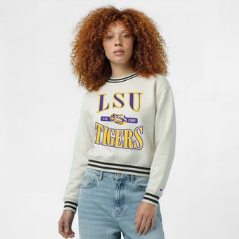 Women's Champion  White LSU Tigers Yarn Dye Rib Reverse Weave Crew Sweatshirt
