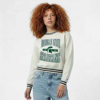 Women's Champion  White Michigan State Spartans Yarn Dye Rib Reverse Weave Crew Sweatshirt