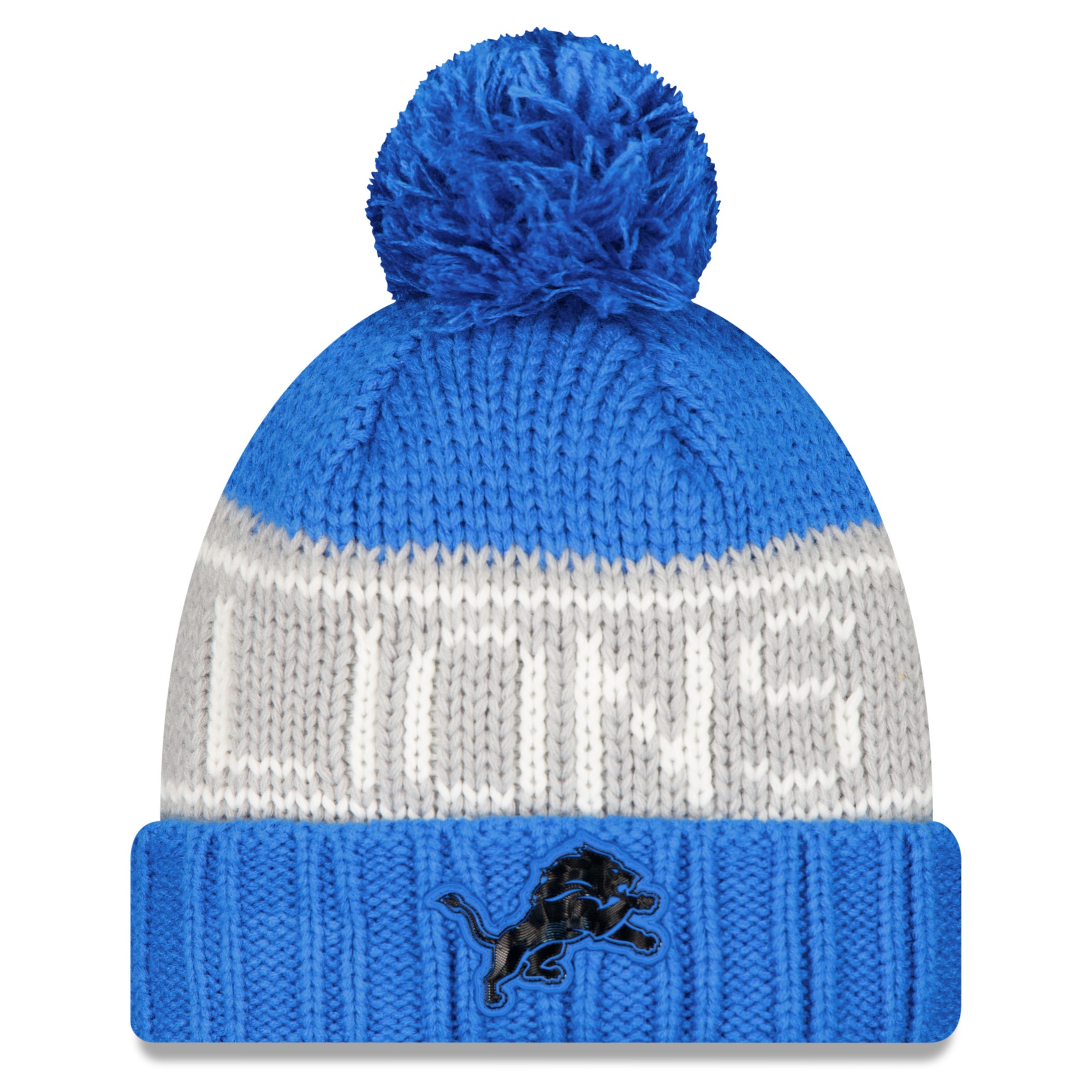 Women's New Era Blue Detroit Lions 2026 Sideline Cold Weather  Cuffed Knit Hat with Pom