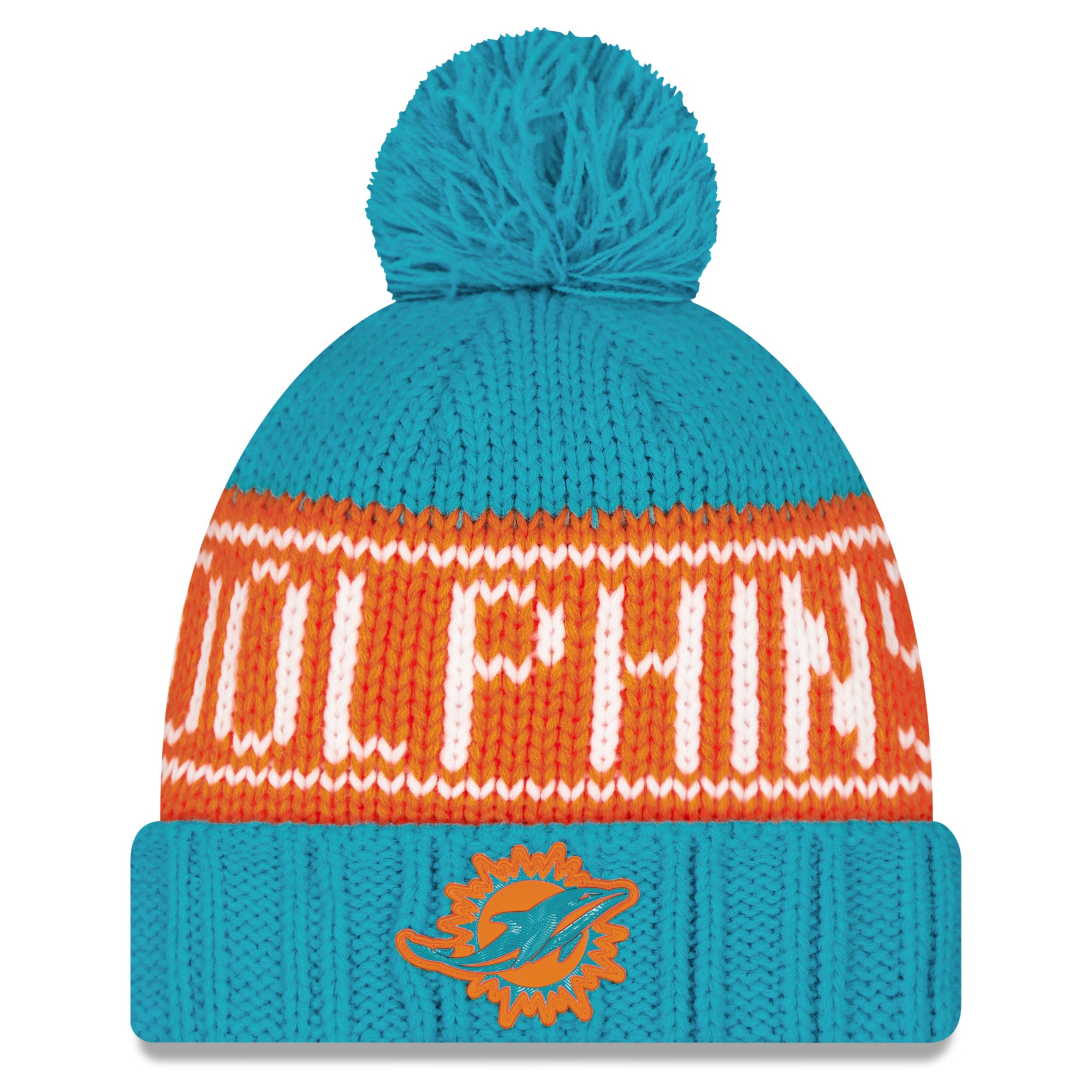 Women's New Era Aqua Miami Dolphins 2026 Sideline Cold Weather Cuffed Knit Hat with Pom