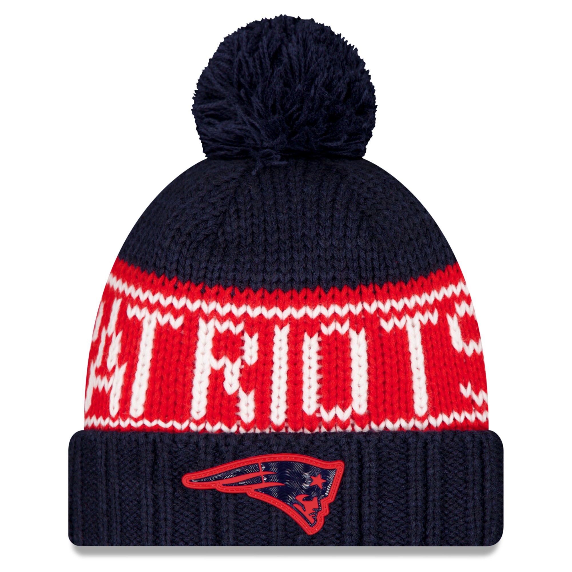 Women's New Era Navy New England Patriots 2026 Sideline Cold Weather  Cuffed Knit Hat with Pom