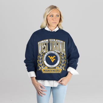 Women's Gameday Couture Navy West Virginia Mountaineers Classic Archives Oversized Premium Fleece Sweatshirt