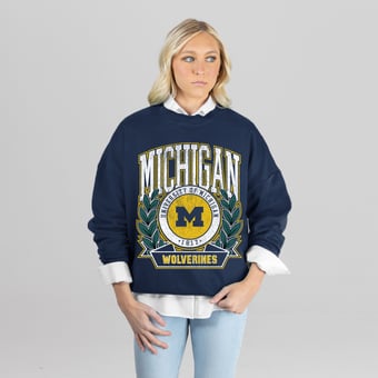 Women's Gameday Couture Navy Michigan Wolverines Classic Archives Oversized Premium Fleece Sweatshirt