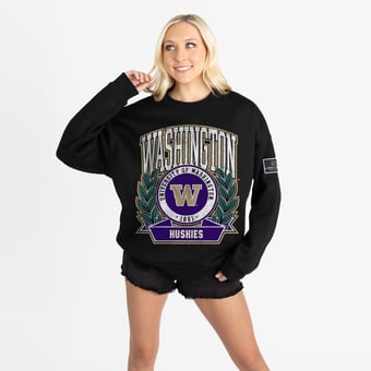 Women's Gameday Couture Black Washington Huskies Oversized Victory Lane Black Label Premium Fleece Sweatshirt