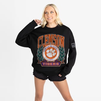 Women's Gameday Couture Black Clemson Tigers Oversized Victory Lane Black Label Premium Fleece Sweatshirt