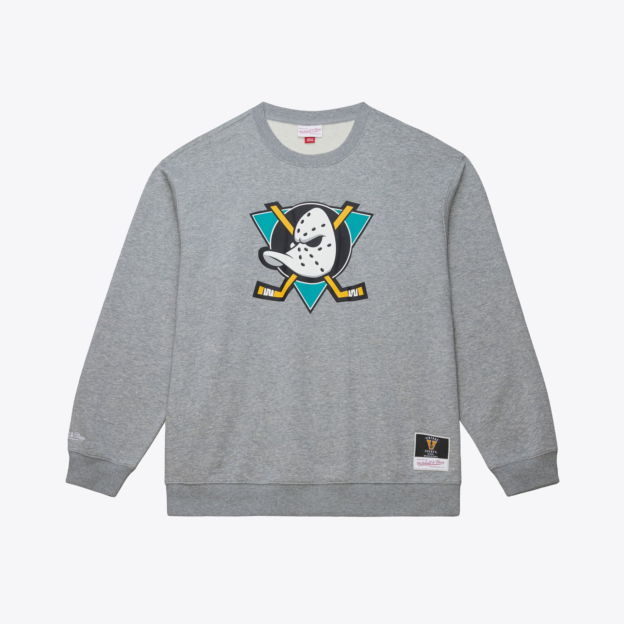 Men's Mitchell & Ness  Heather Gray Anaheim Ducks Walk-Off Vintage Logo Fleece Crewneck Sweatshirt