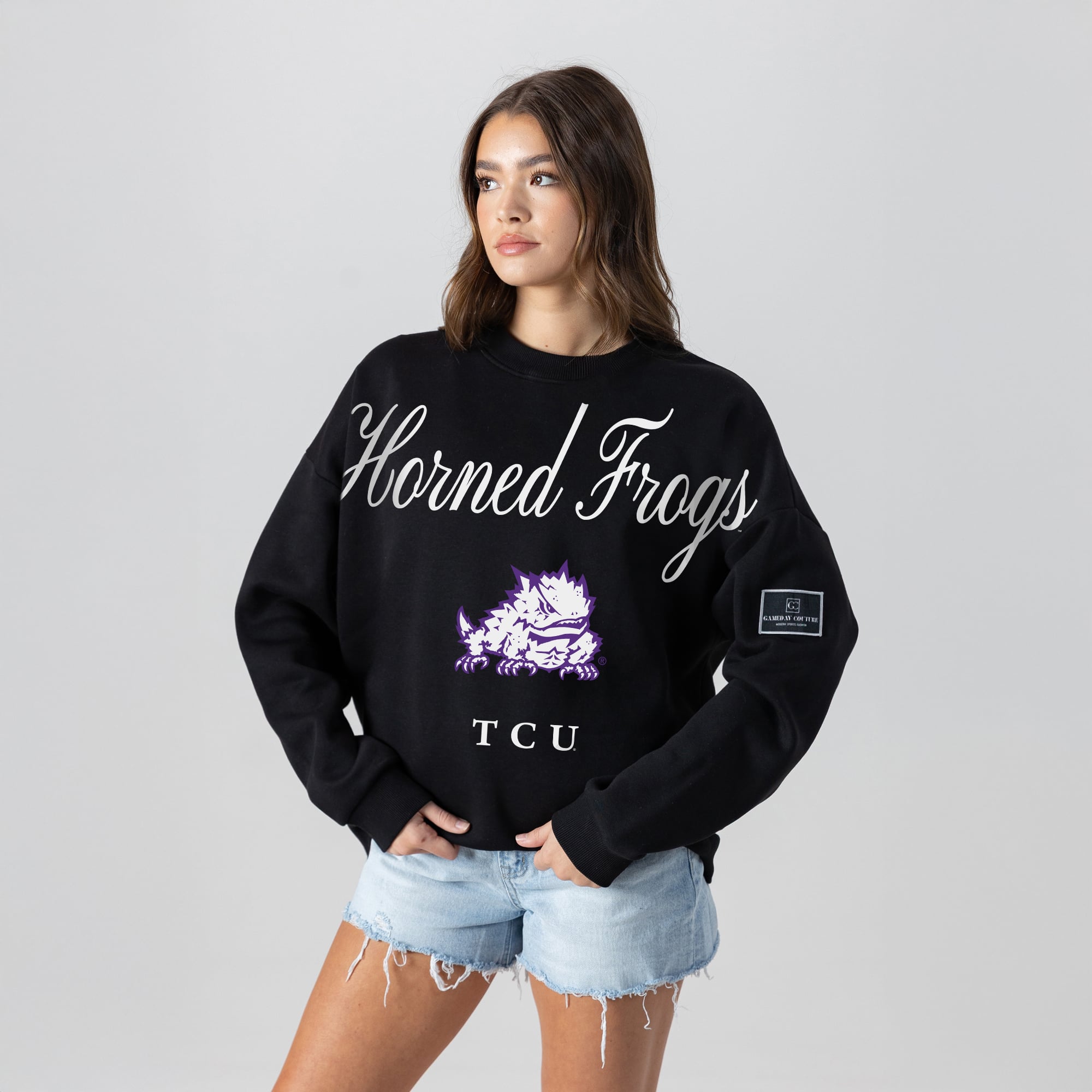 Women's Gameday Couture Black TCU Horned Frogs Oversized Legacy Club Black Label Premium Fleece Sweatshirt