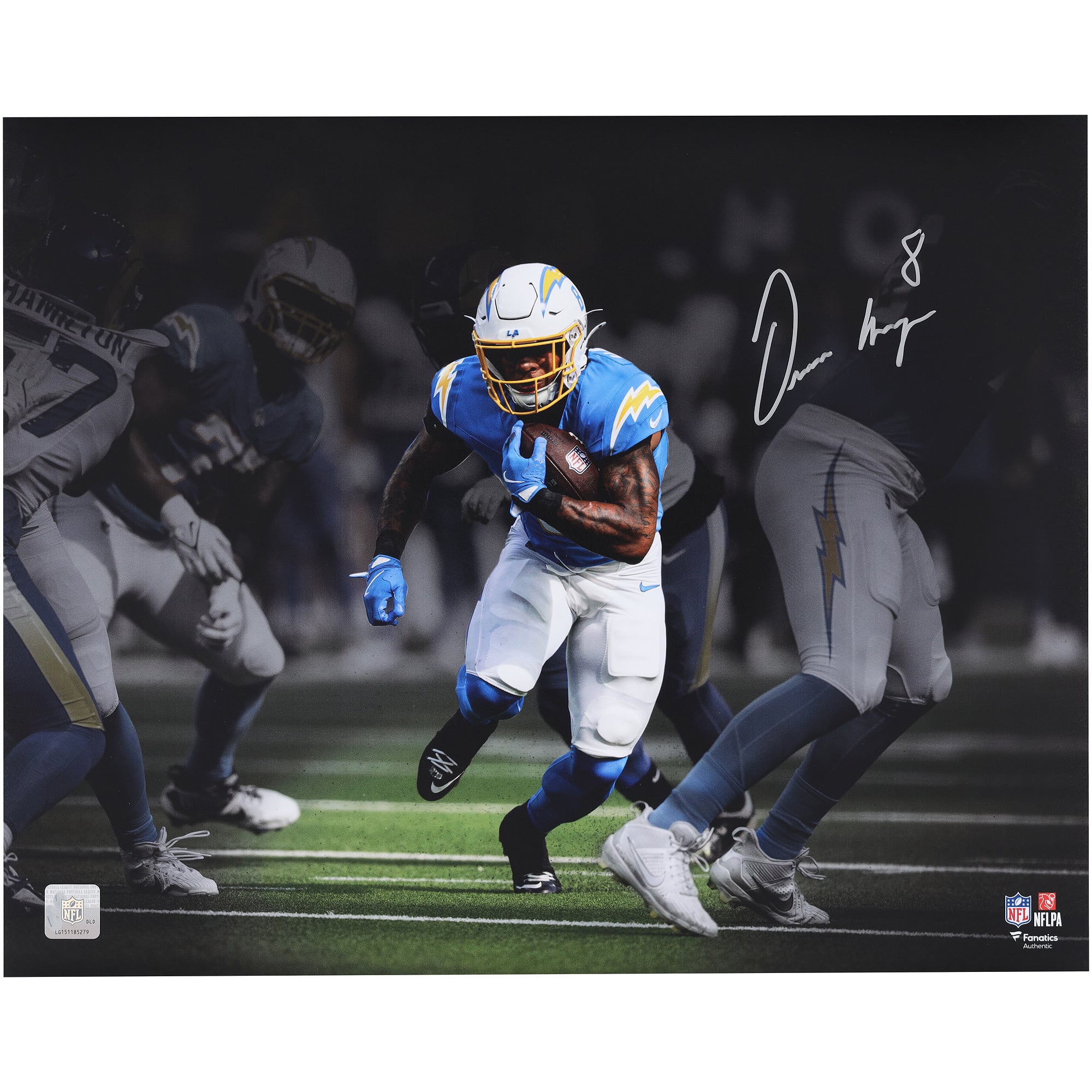 Omarion Hampton Los Angeles Chargers Autographed 16" x 20" Running Spotlight Photograph