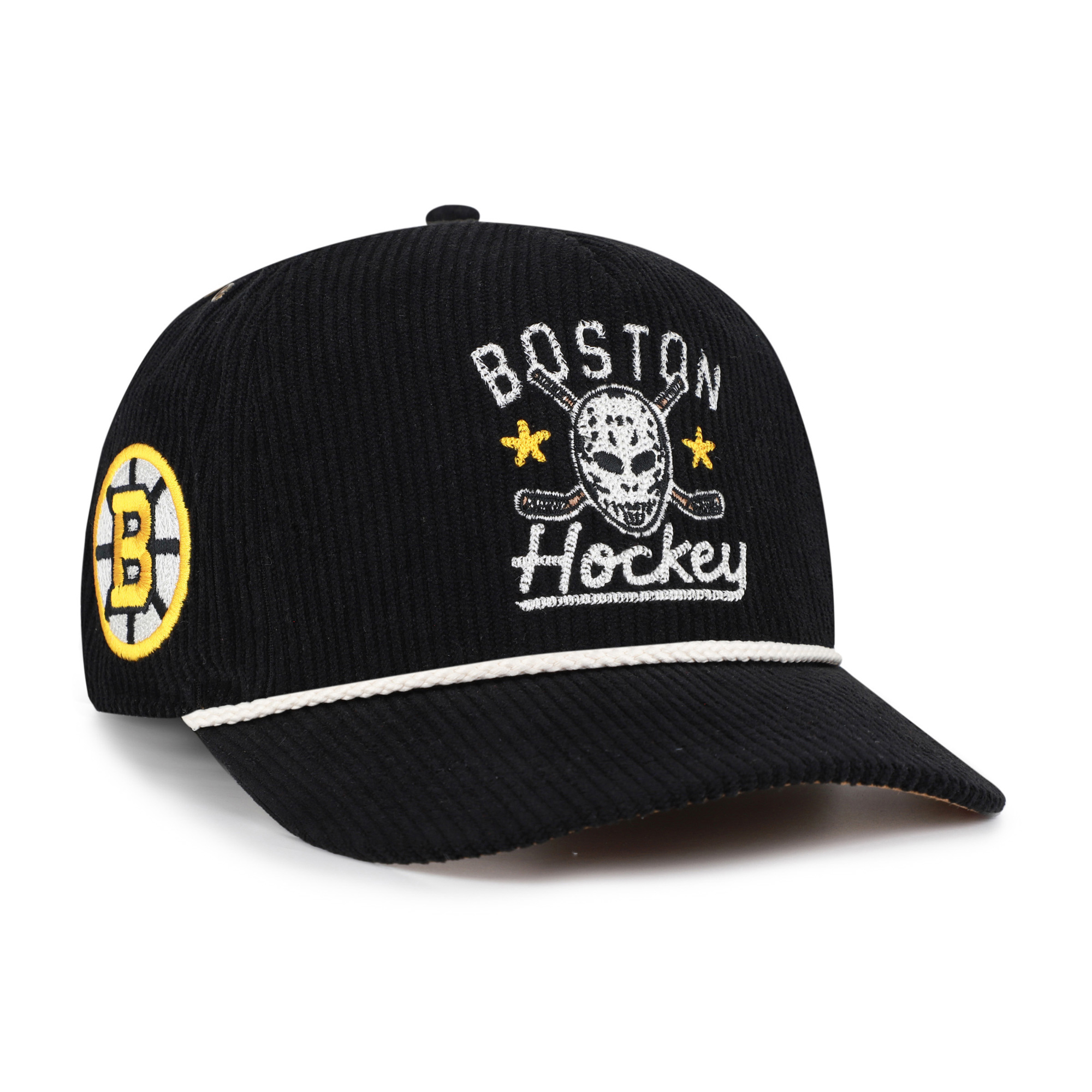 Men's '47 Black Boston Bruins Hockey Mask Corduroy Rope Hitch Adjustable Hat