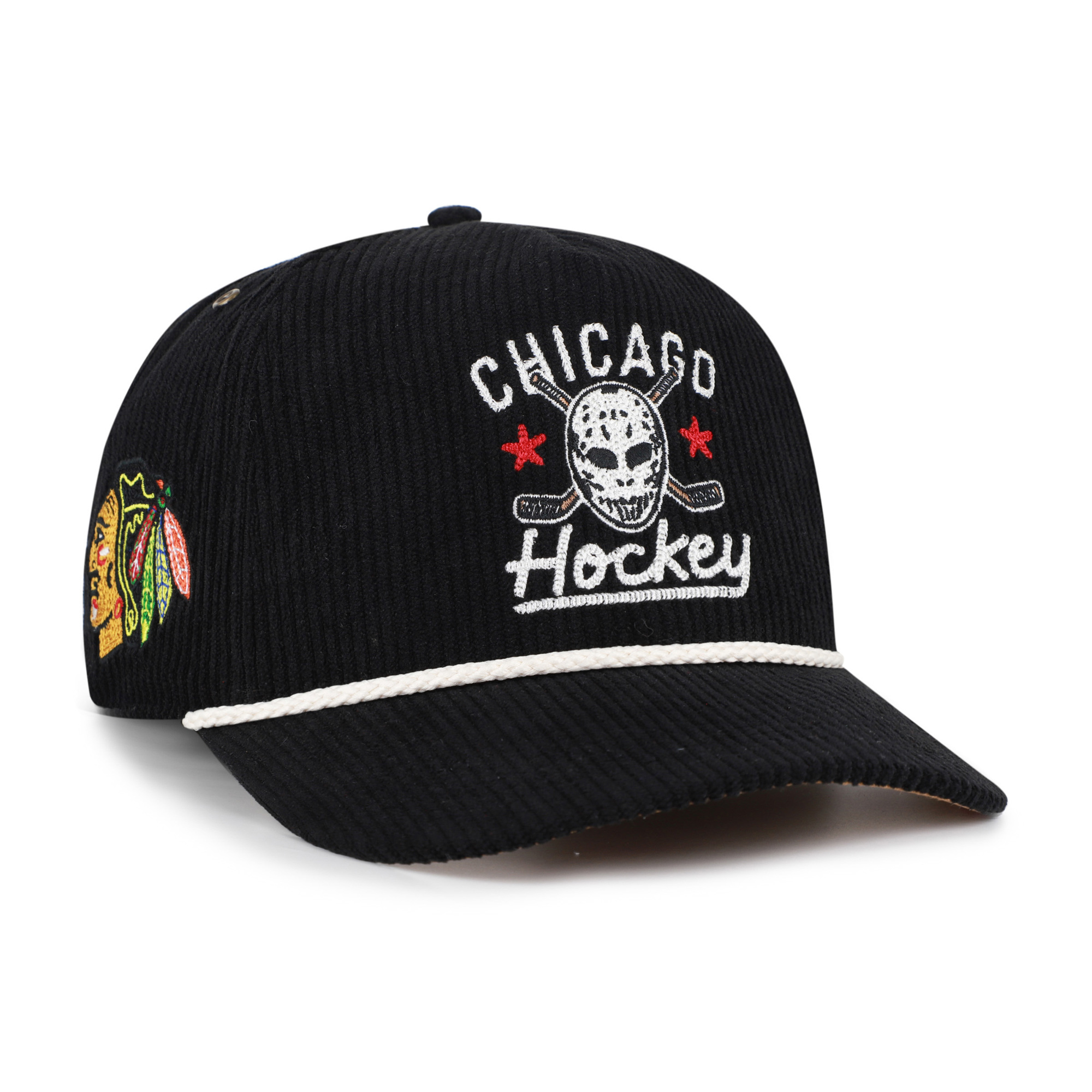 Men's '47 Black Chicago Blackhawks Hockey Mask Corduroy Rope Hitch Adjustable Hat