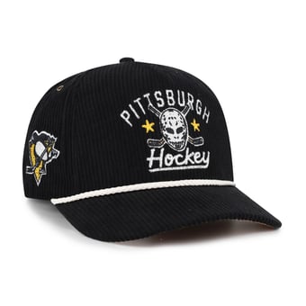 Men's '47 Black Pittsburgh Penguins Hockey Mask Corduroy Rope Hitch Adjustable Hat
