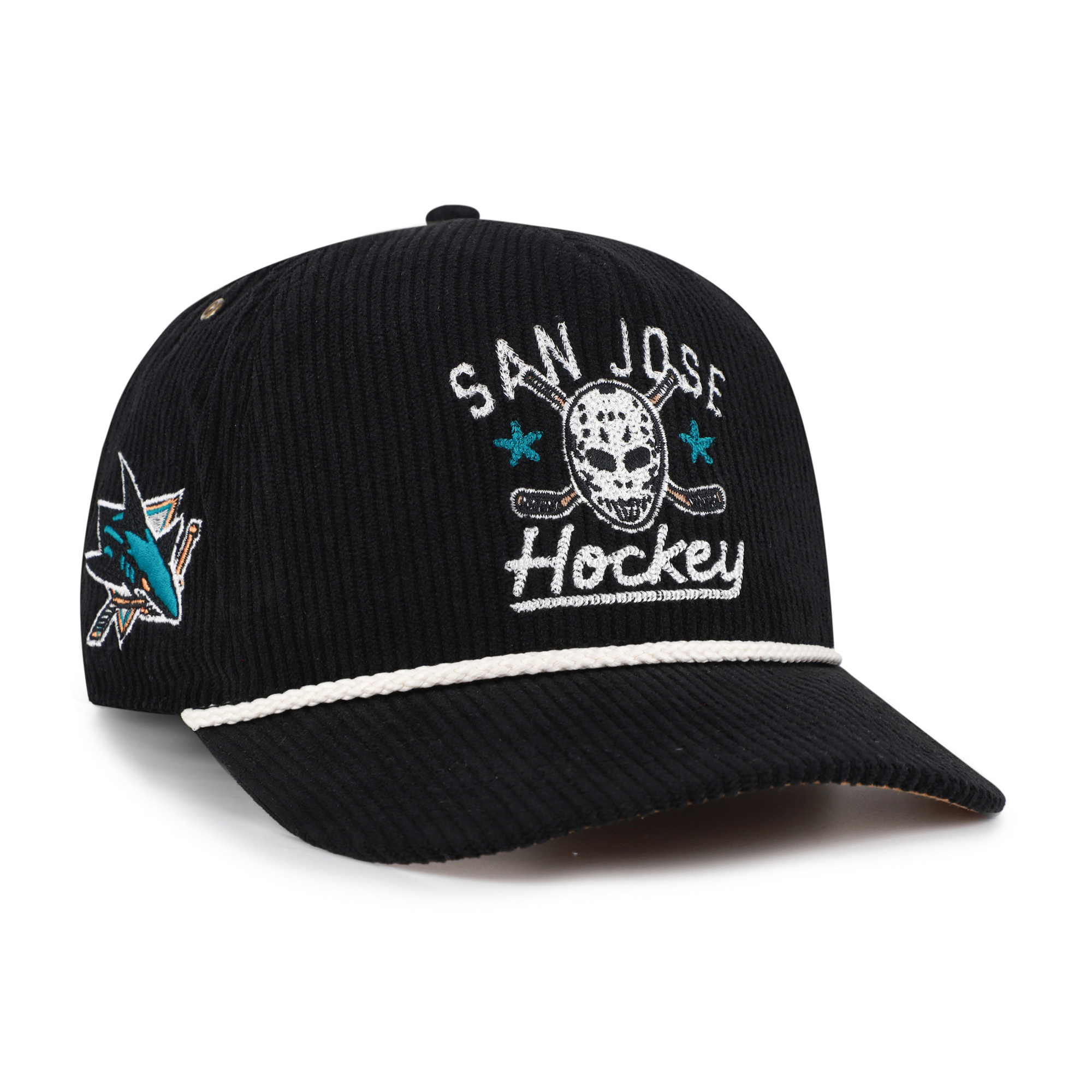 Men's '47 Black San Jose Sharks Hockey Mask Corduroy Rope Hitch Adjustable Hat