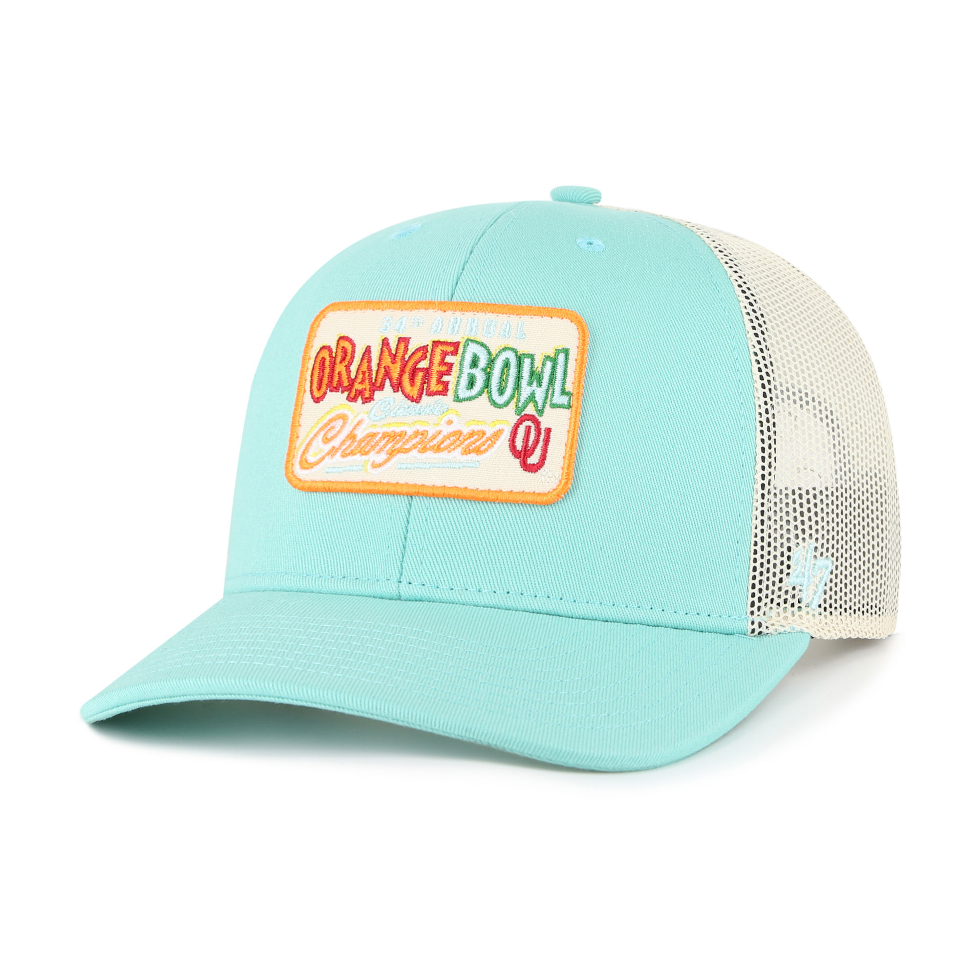 Men's '47  Turquoise Oklahoma Sooners Orange Bowl Champions Scored Trucker Adjustable Hat