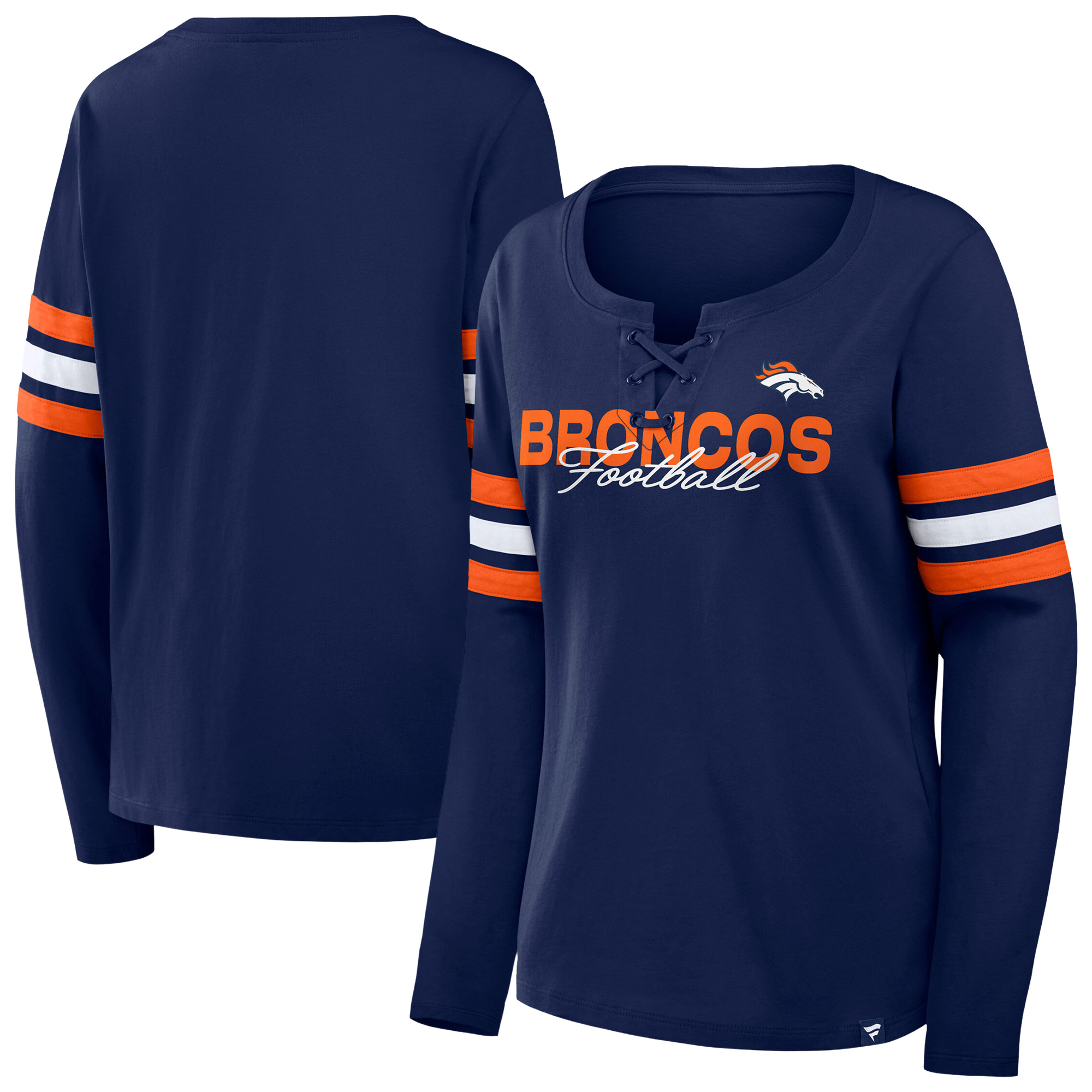 Women's Fanatics Navy/Orange Denver Broncos Plus Size Coverage Scheme Lace-Up Long Sleeve T-Shirt