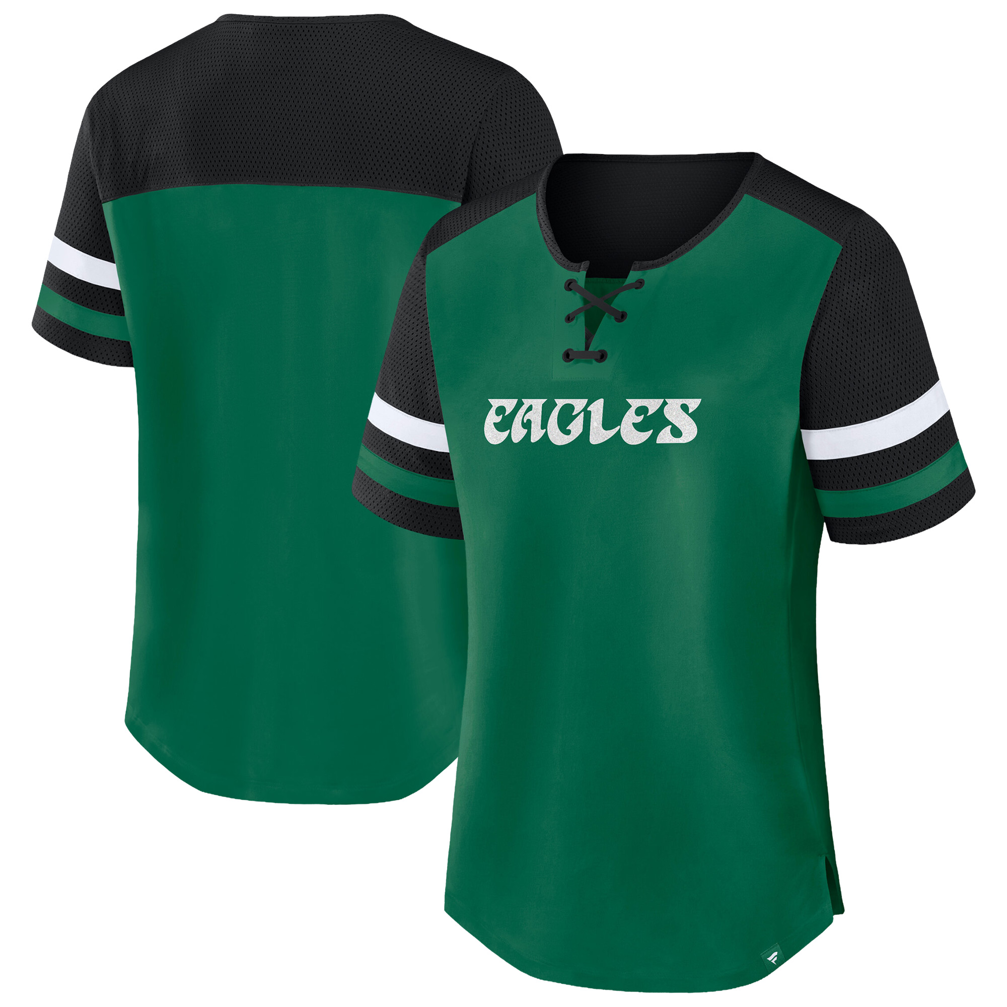 Women's Fanatics Kelly Green/Black Philadelphia Eagles Plus Size Throwback Curl Route Lace-Up T-Shirt
