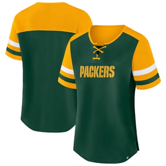Women's Fanatics Green/Gold Green Bay Packers Plus Size Throwback Curl Route Lace-Up T-Shirt