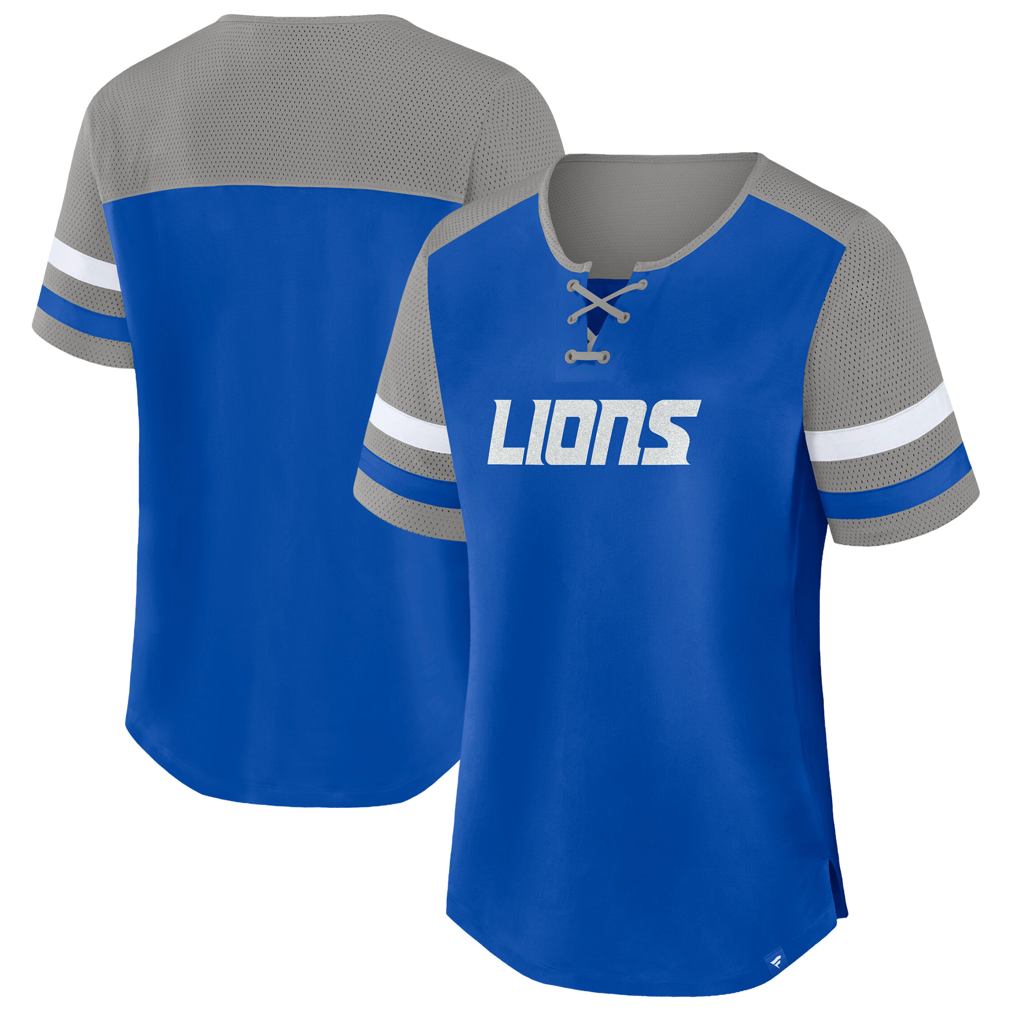Women's Fanatics Blue/Gray Detroit Lions Plus Size Throwback Curl Route Lace-Up T-Shirt